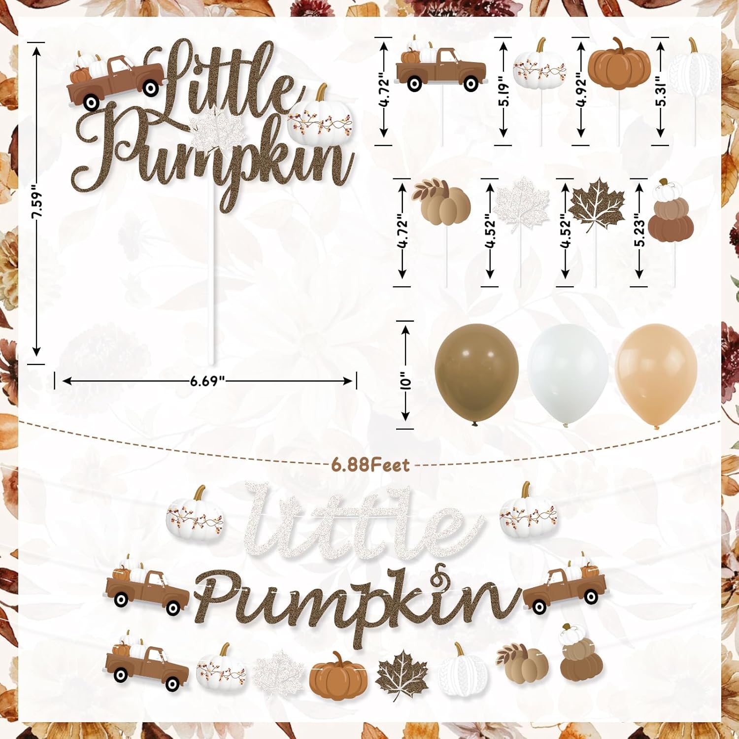 K KUMEED Decoraciones de fiesta de calabaza pequeña, pancarta de calabaza pequeña, hojas de otoño, calabaza, camión, decoración de pastel, globos de