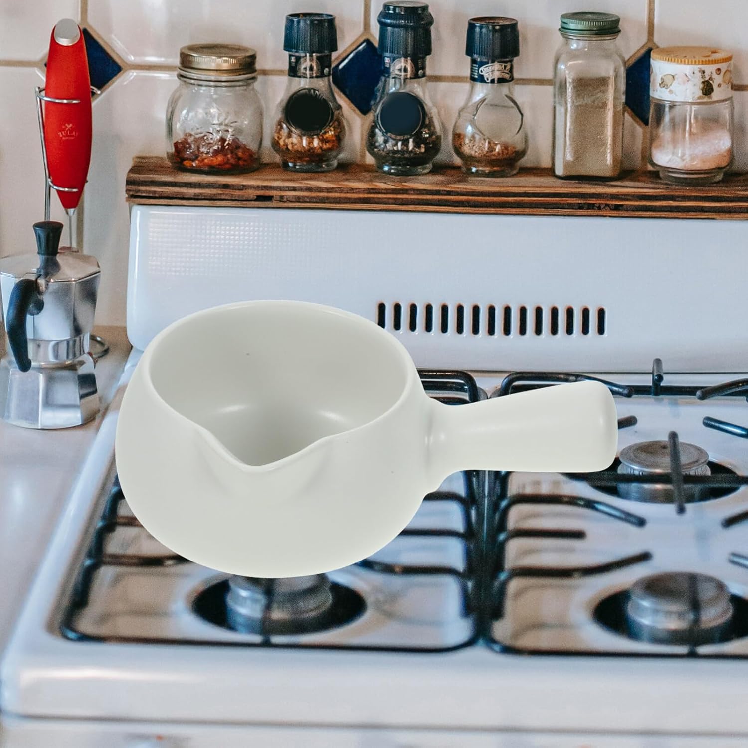 Luxshiny Olla de leche de cerámica, calentador de mantequilla con asa, mini cacerola de cerámica para cocina y hogar (blanco)