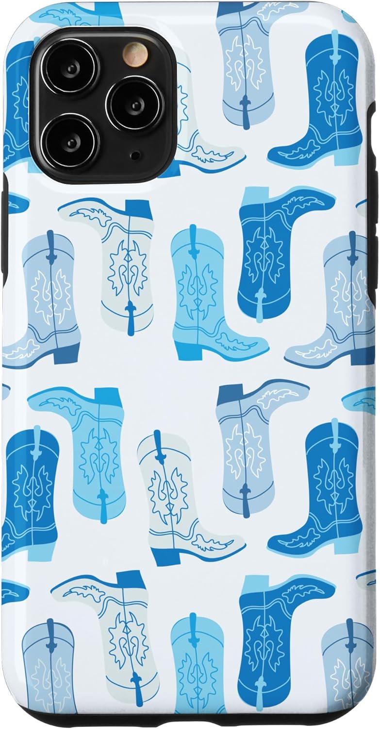 iPhone 11 Pro Cowboy Boot Illustration Preppy Western Pastel Azul y Cian Funda