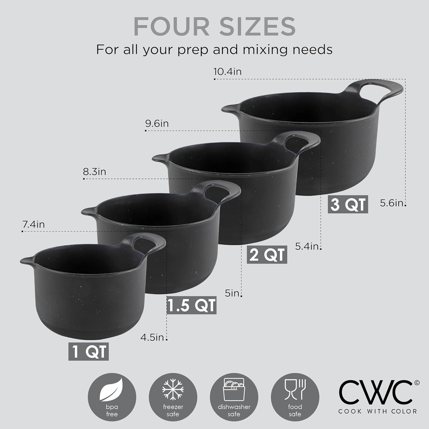 COOK WITH COLOR Nesting – Juego de cuencos de plástico para mezclar con boquillas y asas, negro moteado, 4 piezas antideslizantes