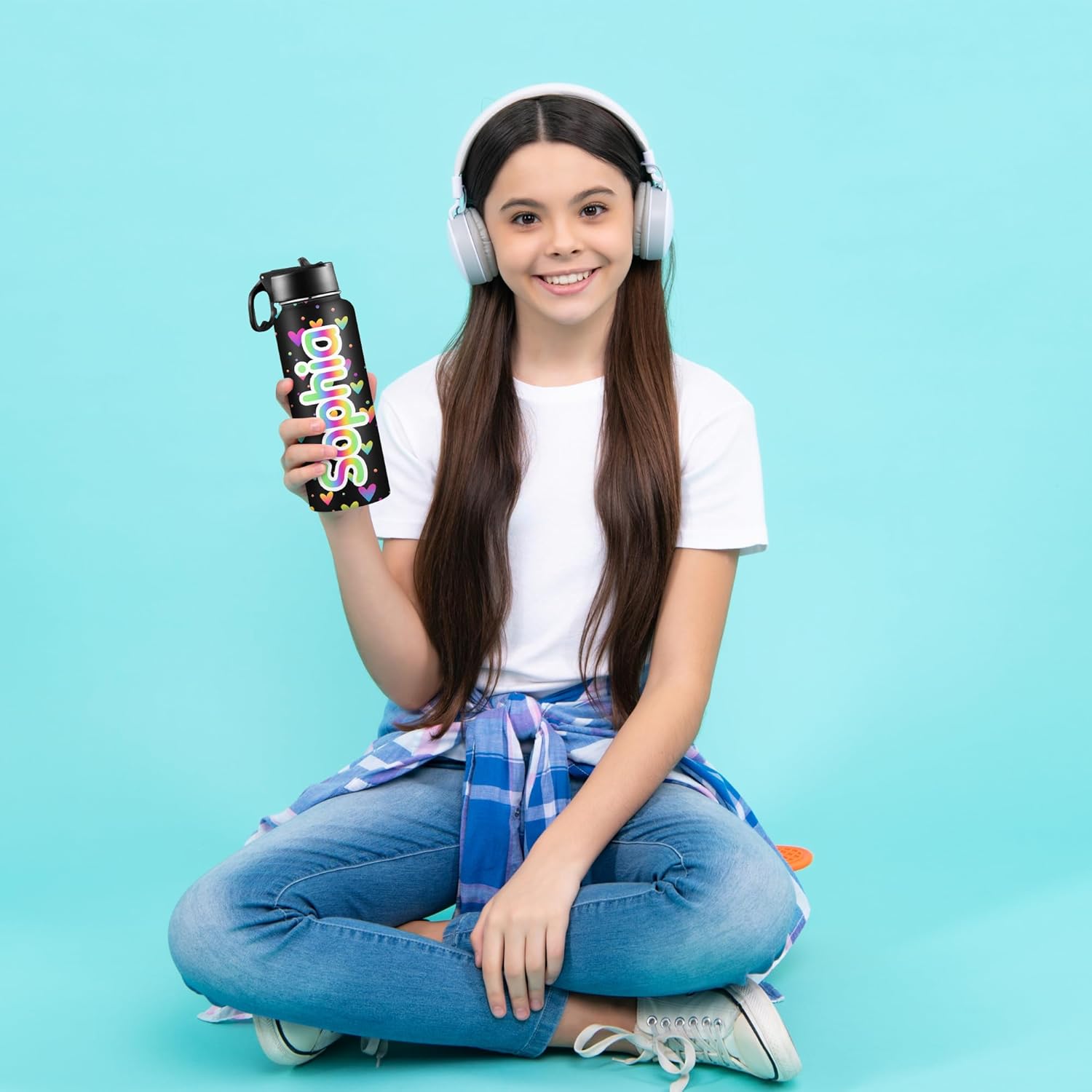 Botellas de agua personalizadas para niñas, de acero inoxidable con aislamiento de doble cara con pajilla, botella de agua de color degradado