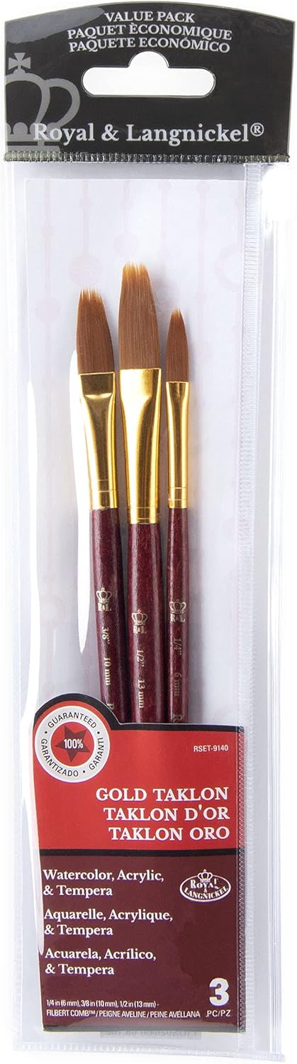 Royal & Langnickel RSET-9140 Zip N’ Close Oro Taklon Filbert Peine Set de 3 piezas