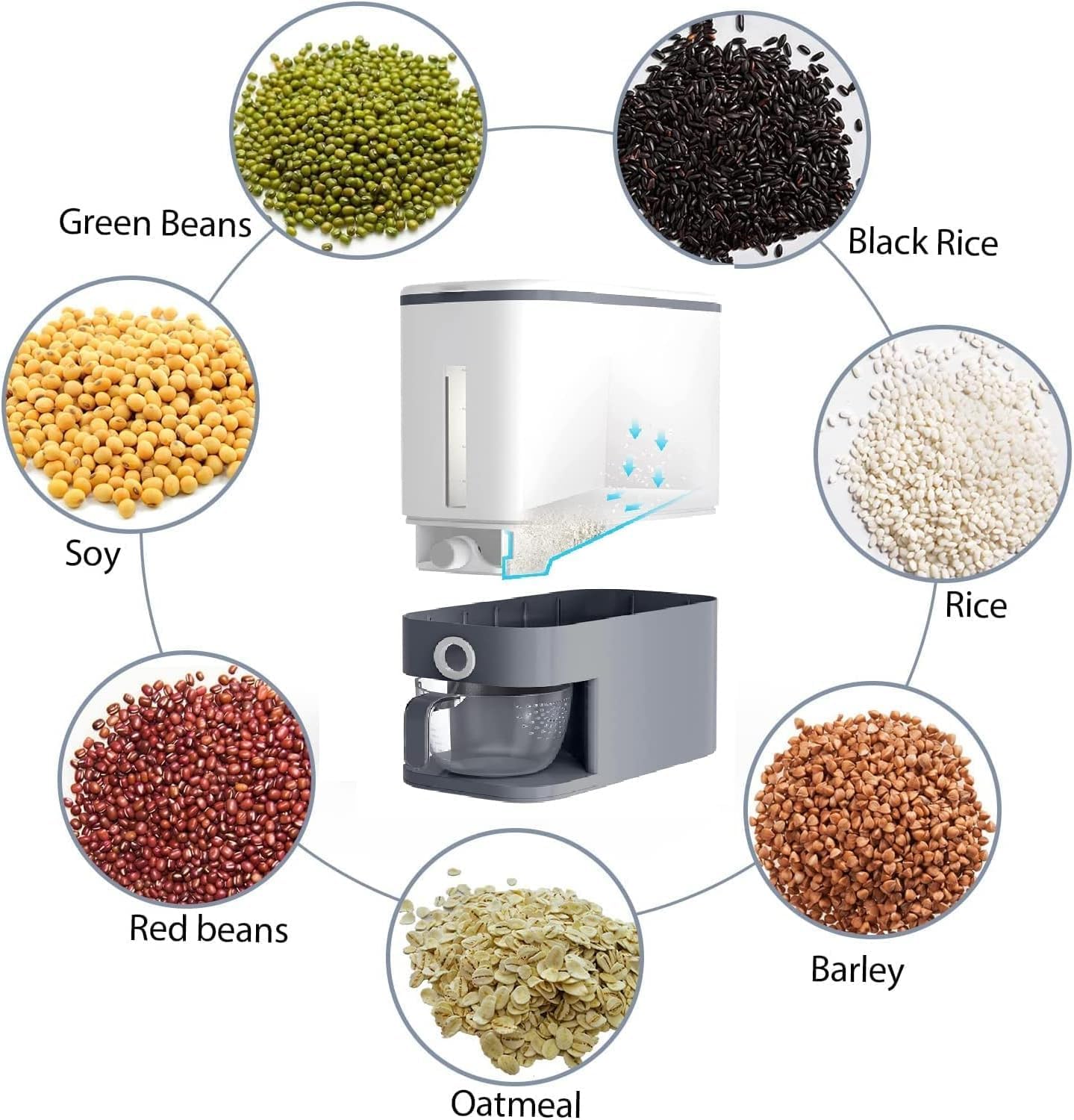 Fastand Dispensador de arroz de 25 libras, recipiente de almacenamiento de alimentos secos de cereales con taza medidora, hermético, a prueba de