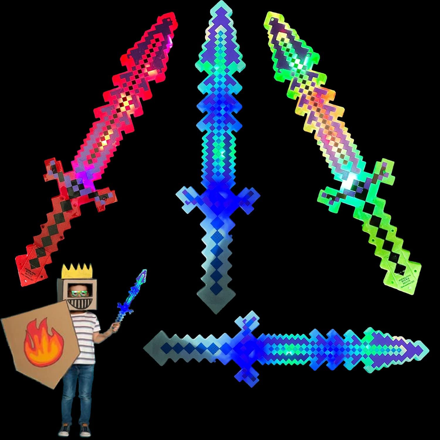 mushroomcase Espada de píxeles de diamante LED de 24 pulgadas con luz LED activada por movimiento y luces intermitentes, suministros de fiesta de