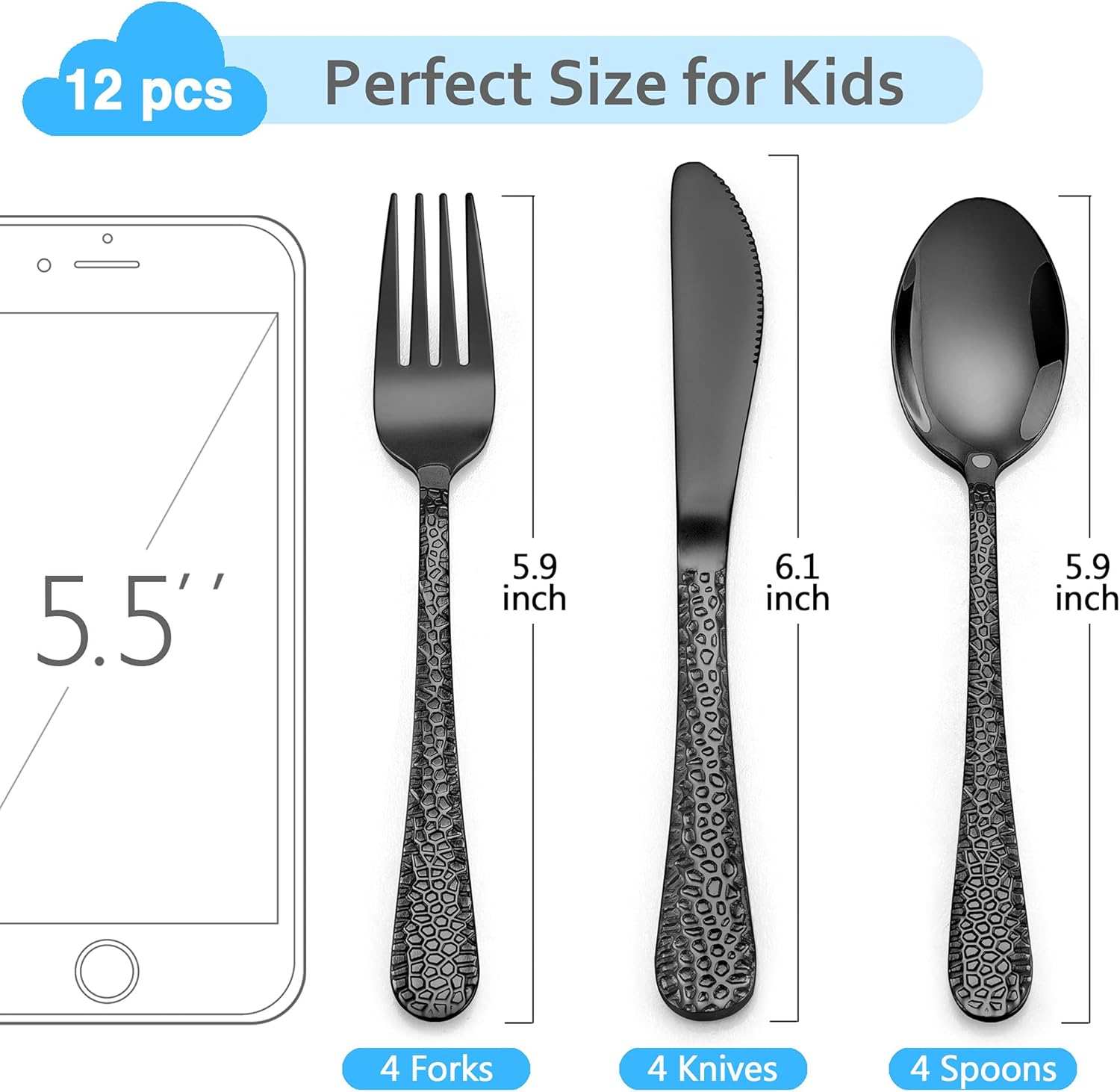 LIANYU Juego de cubiertos negros de 12 piezas para niños, utensilios de acero inoxidable para niños preescolares, juego de cubiertos de metal