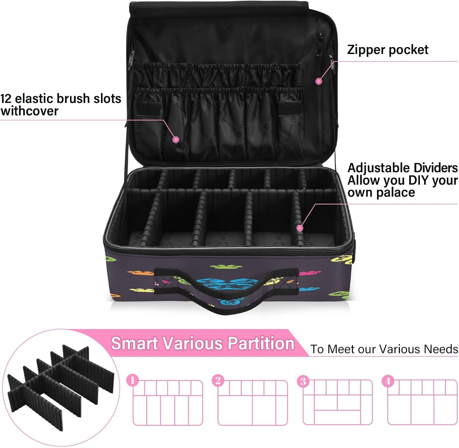 Coloridas huellas de perro huellas de cosméticos conjuntos de bolsas de viaje para artículos de aseo personal, bolsa de maquillaje, capacidad