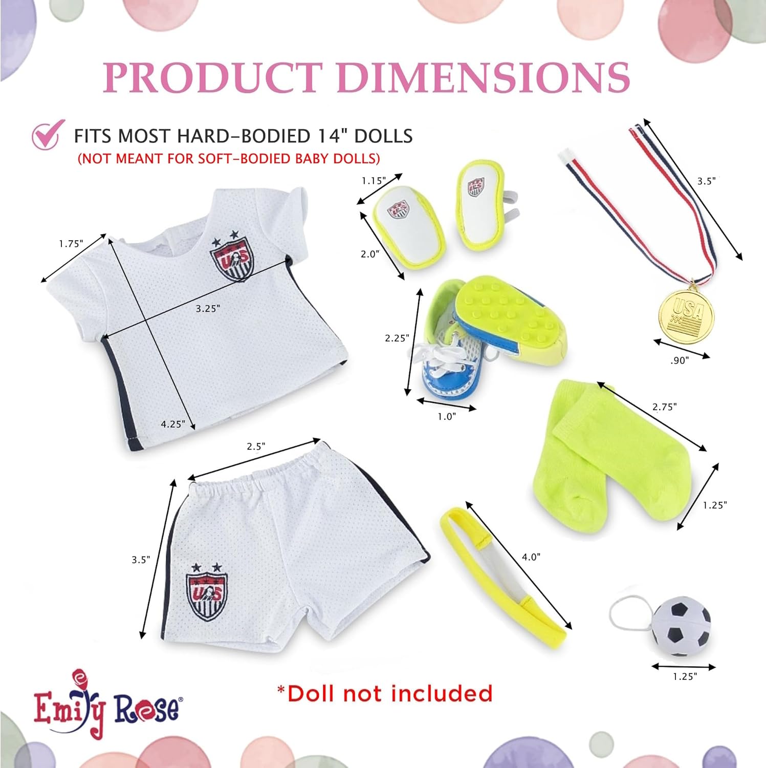 Emily Rose Ropa de muñeca de 14 pulgadas  Uniforme deportivo de fútbol de muñeca de 14 pulgadas de EE. UU., incluye zapatos y accesorios, caja de