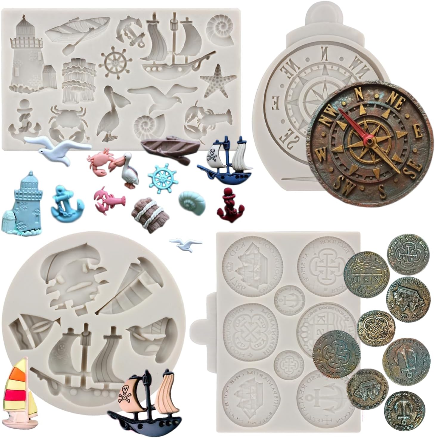 Moldes de silicona para veleros, brújula, ancla, timón, salvavidas, faro, fondant, monedas del tesoro, molde de chocolate para decoración de