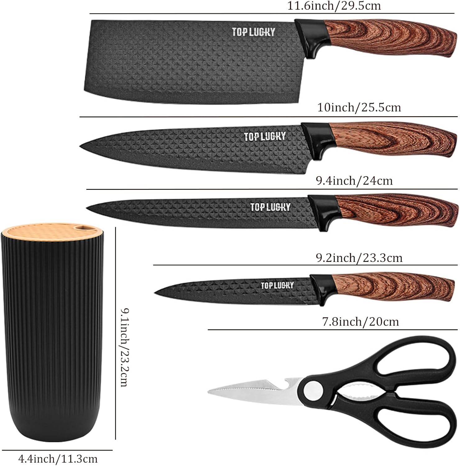 Juego de cuchillos de cocina de 6 piezas, color negro, juego de cuchillos afilados negros para cocina, antiadherentes, antideslizantes, juego de