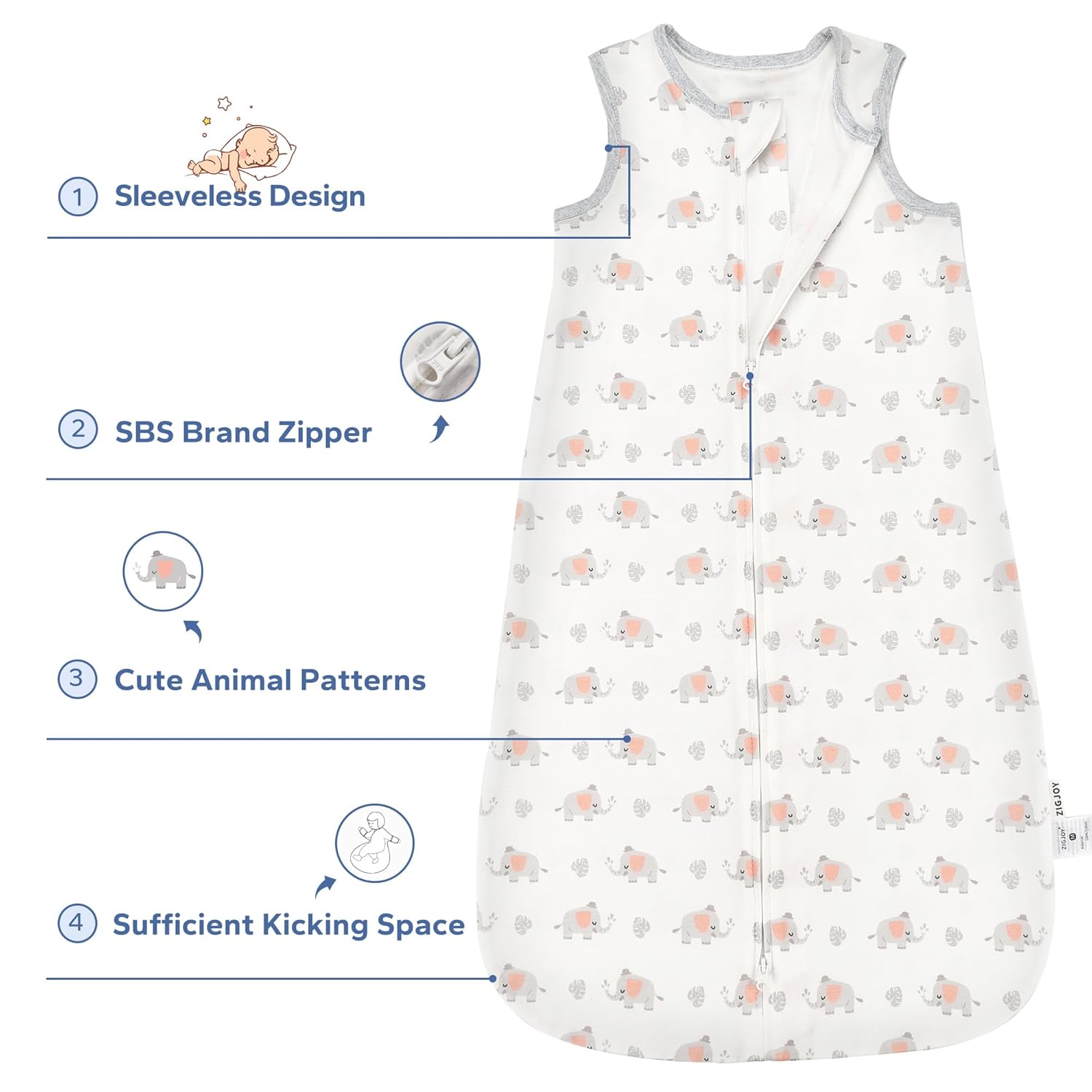 ZIGJOY Saco de dormir para bebé, 0.5 TOG, saco de dormir de 12 a 18 meses, 100% algodón, saco de dormir ligero para niños pequeños con cremallera de