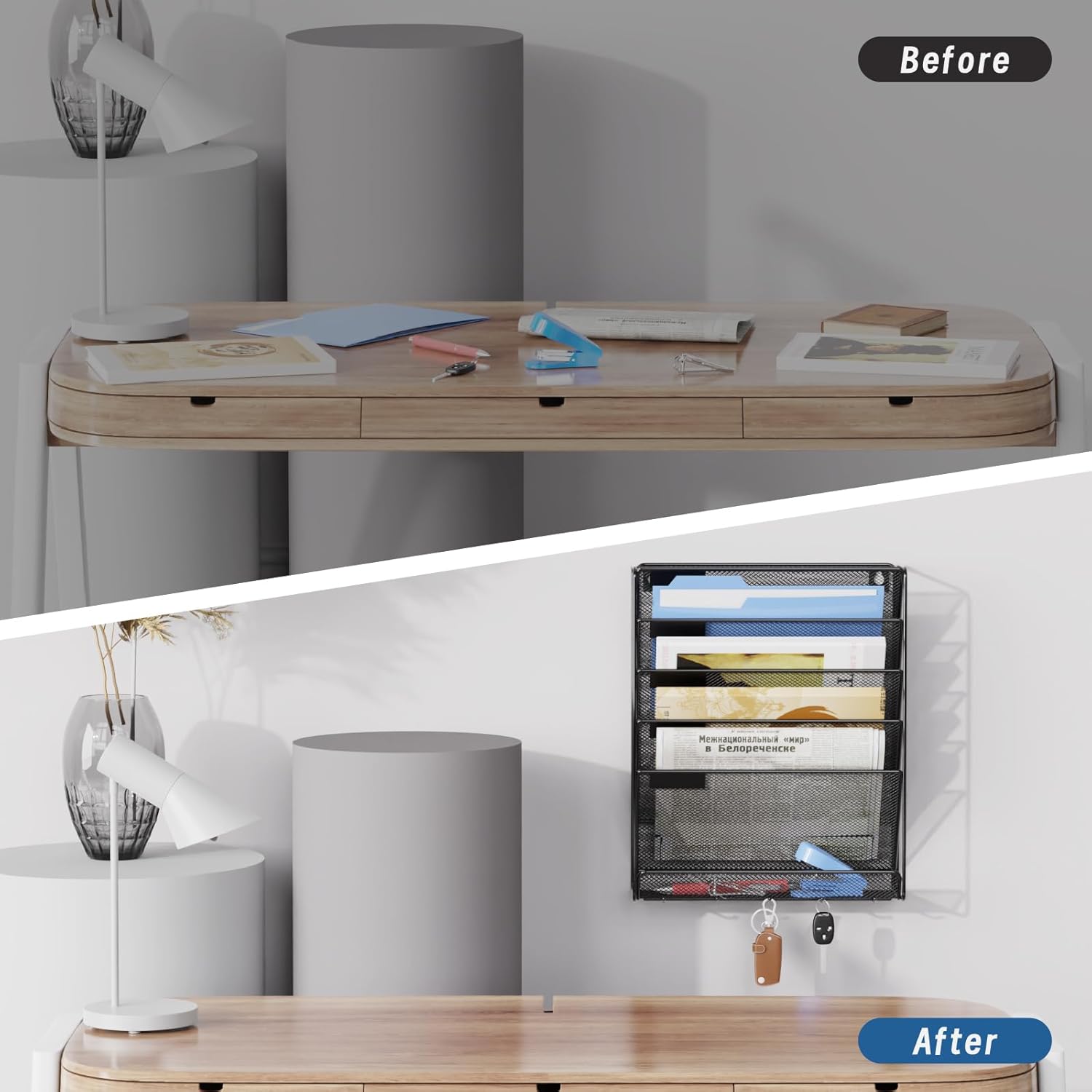 samstar Organizador de archivos de pared con ganchos, 6 niveles de montaje en pared, organizador de archivos colgante, estante vertical para