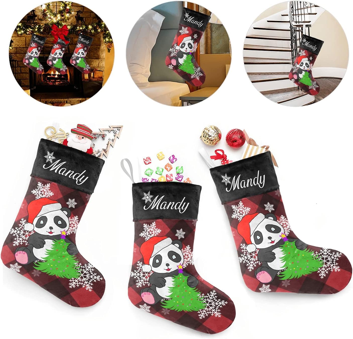 Calcetines de Navidad personalizados a cuadros negros y rojos y lindos pandas con nombre, medias de Navidad personalizadas para decoración de