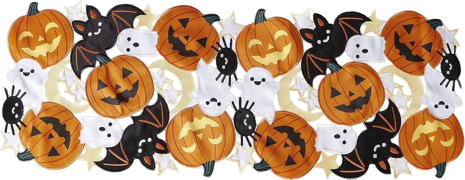 Camino de mesa de otoño de Halloween de 13 x 36 pulgadas, apliques bordados, calabazas de arce y murciélagos, bufanda de tocador para el hogar,