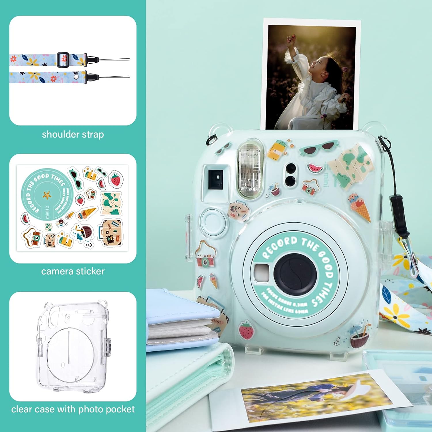 MUZIRI KINOKOO Funda transparente para cámara instantánea Fuji Instax Mini 12Polaroid Mini 12, funda protectora de PVC duro con bolsillo para fotos