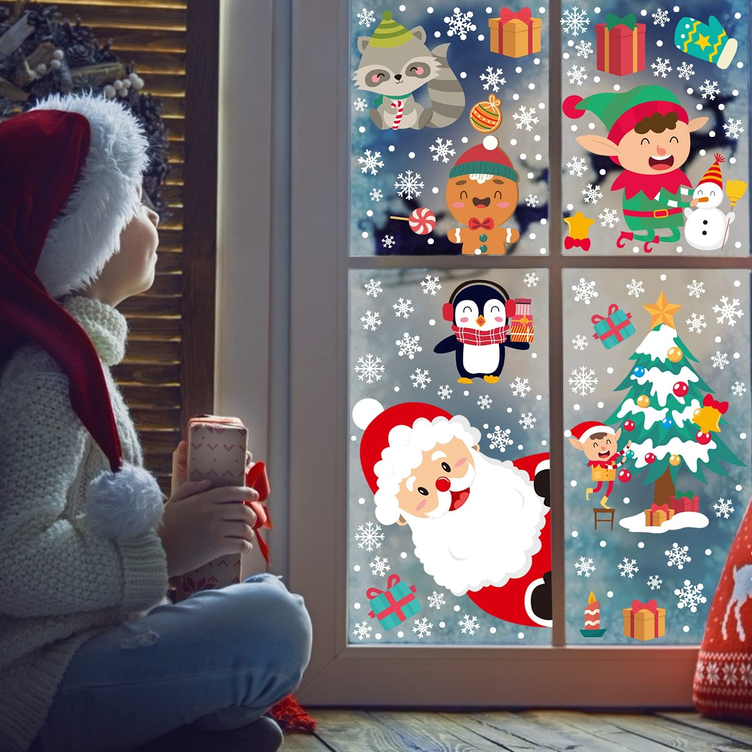 Decoración navideña para ventana, 8 hojas de calcomanías de Navidad para ventana, diseño de copos de nieve de renos de Papá Noel, decoración de