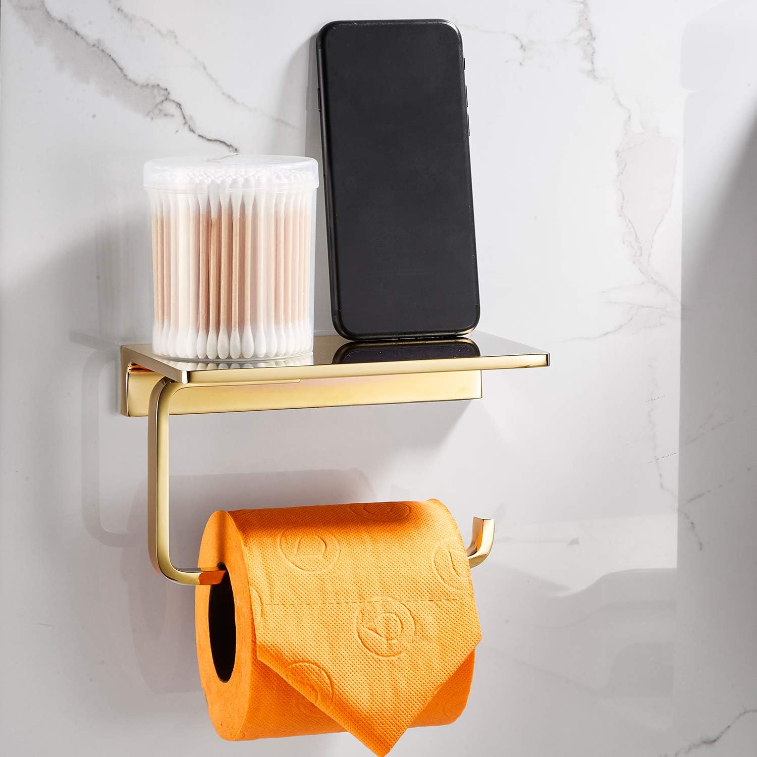 Soporte de papel higiénico para baño, latón macizo y soporte de rollo de papel de hotel superior con almacenamiento de teléfono celular, acabado