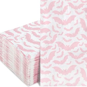 AnyDesign Paquete de 100 servilletas de 3 capas desechables de papel de murciélago rosa para Halloween, servilletas de mano para fiesta de AnyDesign Paquete de 100 servilletas de 3 capas desechables de papel de murciélago rosa para Halloween, servilletas de mano para fiesta de
