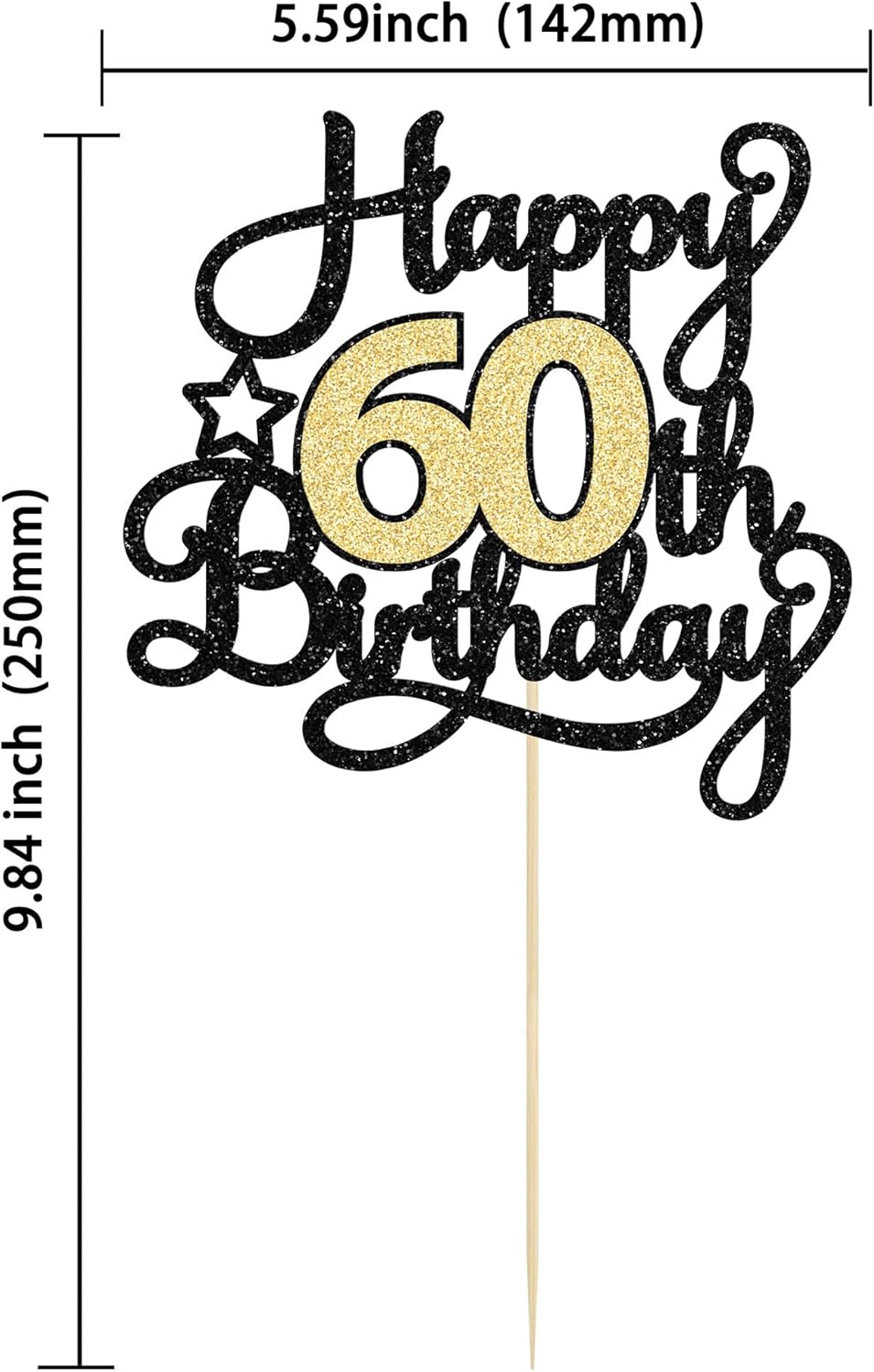 1 pieza de decoración para pastel de cumpleaños 60, color negro y dorado con purpurina para 60 años, selección de pastel de 60 años, decoración