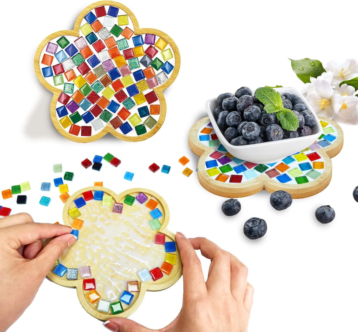 Glass Mosaic Tiles, Mosaic Kit with 6.1 inch Bamboo Coaster, Crafts for Adults Mixed Colors Mosaic Kit Mosaic Crafts Materials Package Mosaic