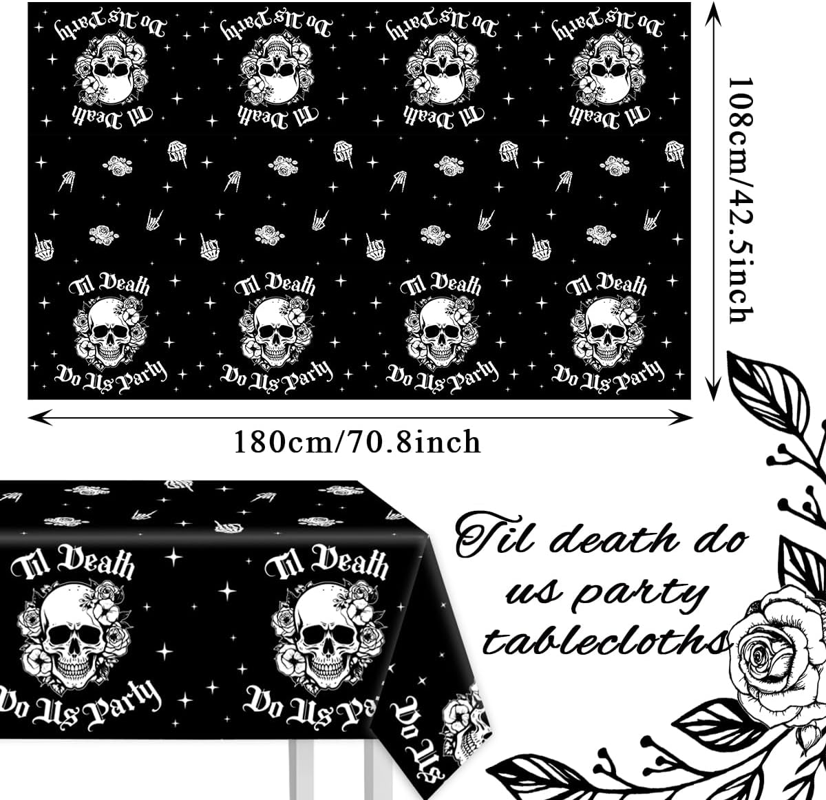 CMUSKO 3 manteles para fiesta de Til Death Do Us, decoraciones de despedida de soltera de Halloween, diseño de calavera gótica negra, desechables,