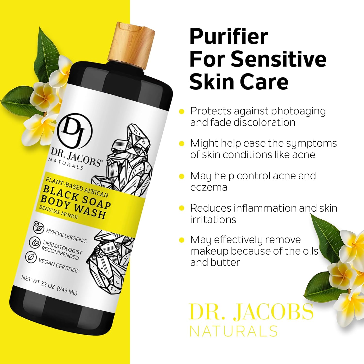 Dr Jacobs Naturals Auténtico jabón líquido africano negro, lavado facial hidratante todo en uno, gel de baño corporal para piel sensible, champú y