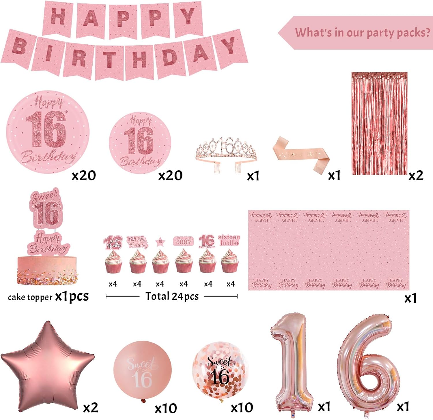Decoraciones de fiesta de cumpleaños número 16, suministros de fiesta de oro rosa para niñas, cortinas de flecos de aluminio, platos, mantel,