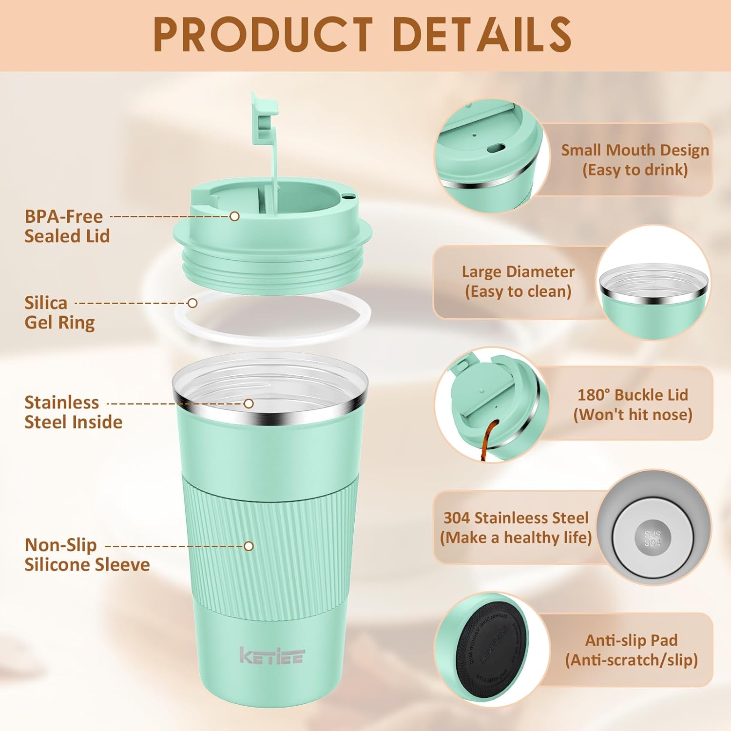 KETIEE Taza de café de 12 onzas taza de café aislada al vacío con tapa a prueba de fugas, taza de café de viaje de acero inoxidable de doble pared
