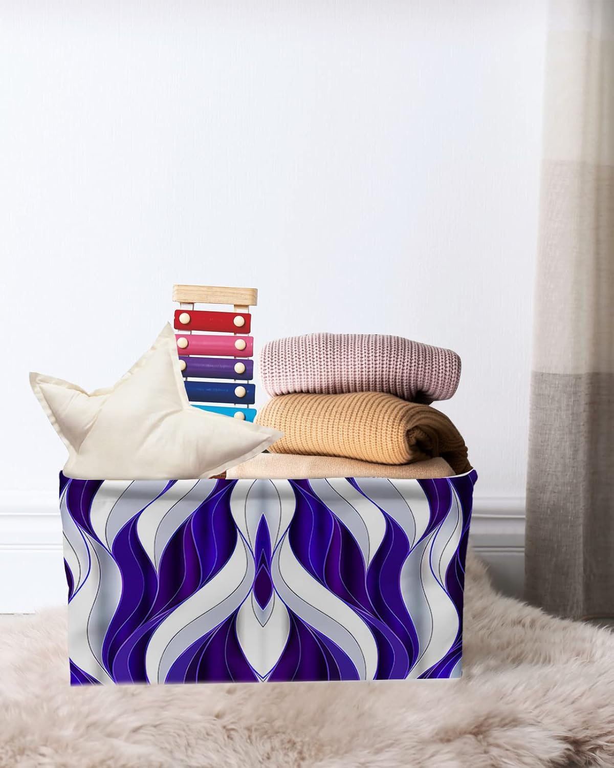 Blue Geometric Storage Basket for Organizing Shelves, Collapsible Storage Bins Boxes with Handle, Modern White Ripple Abstract Art Canvas Hamper