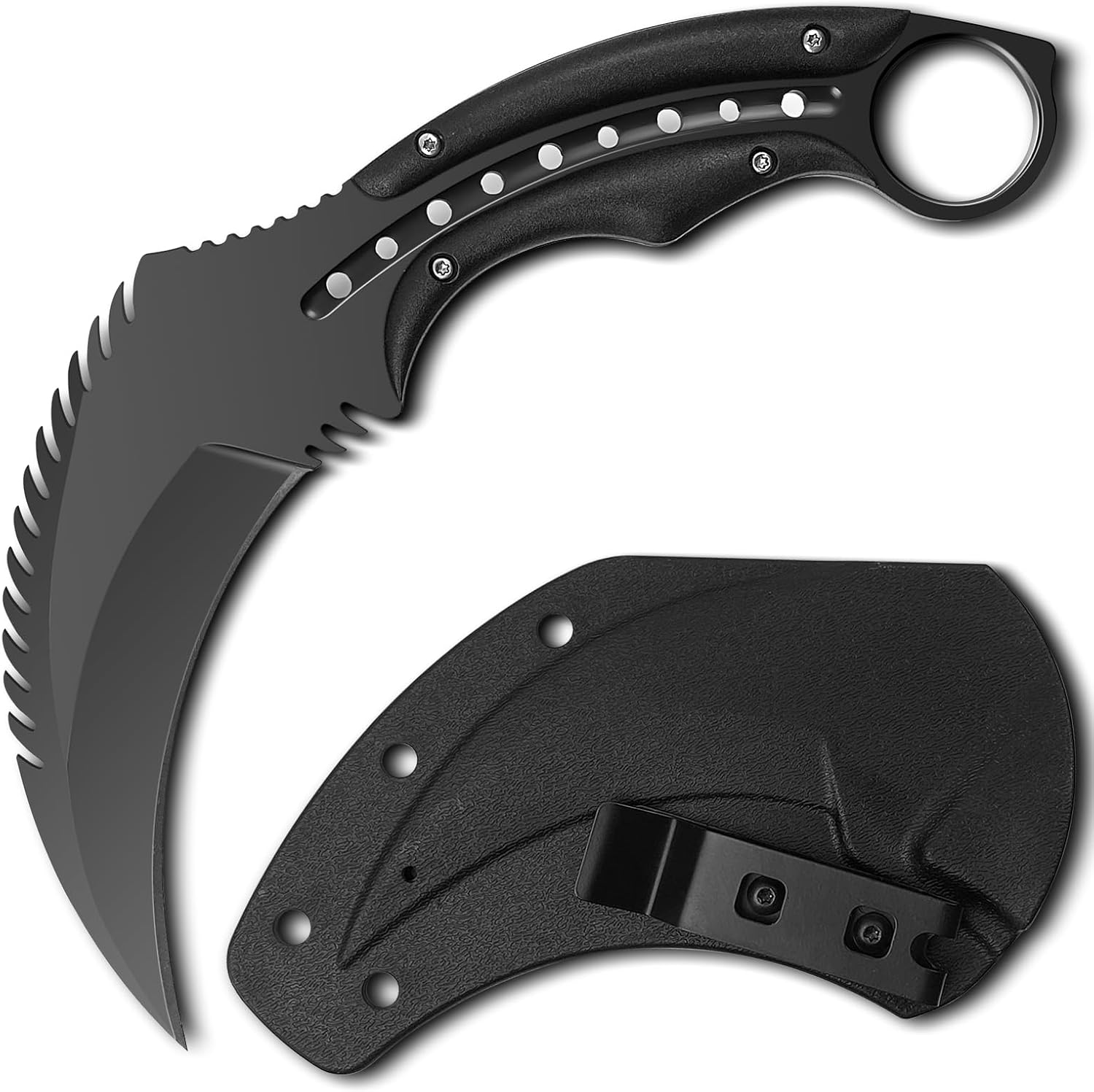 AULAKNIV Cuchillo de garra Raptor de borde dentado de 8.1 pulgadas, cuchillo táctico de hoja fija de espiga completa con funda y clip Kydex,