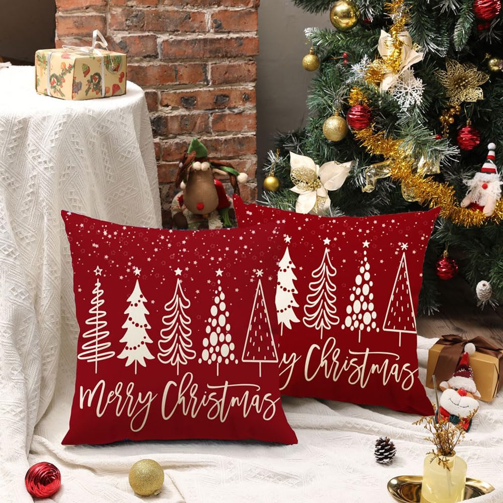 DFXSZ Juego de 2 fundas de almohada de Navidad de 18 x 18 pulgadas, diseño de árbol de Navidad, decoración roja de invierno para el sofá del hogar,