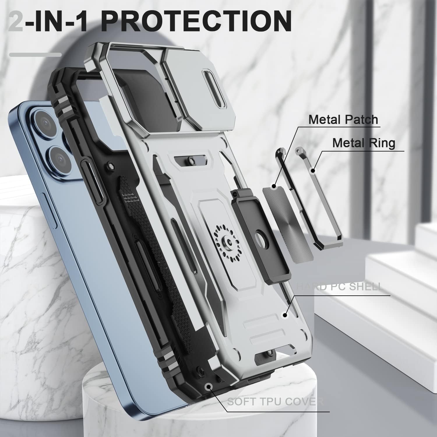AUPAI Funda para iPhone 12 Pro Max con funda deslizante para cámara y protector de pantalla, funda protectora de grado militar resistente con