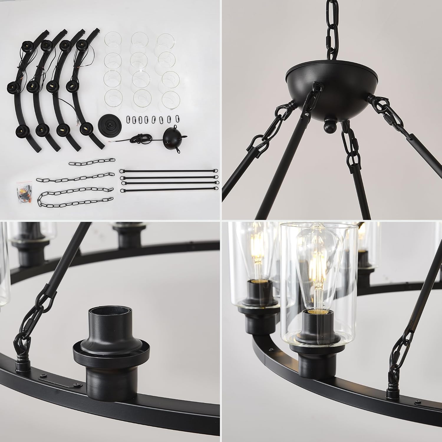 Candelabro grande negro de 32 pulgadas con ruedas de carro, moderna lámpara colgante de cristal de granja, 12 luces, accesorios de iluminación para