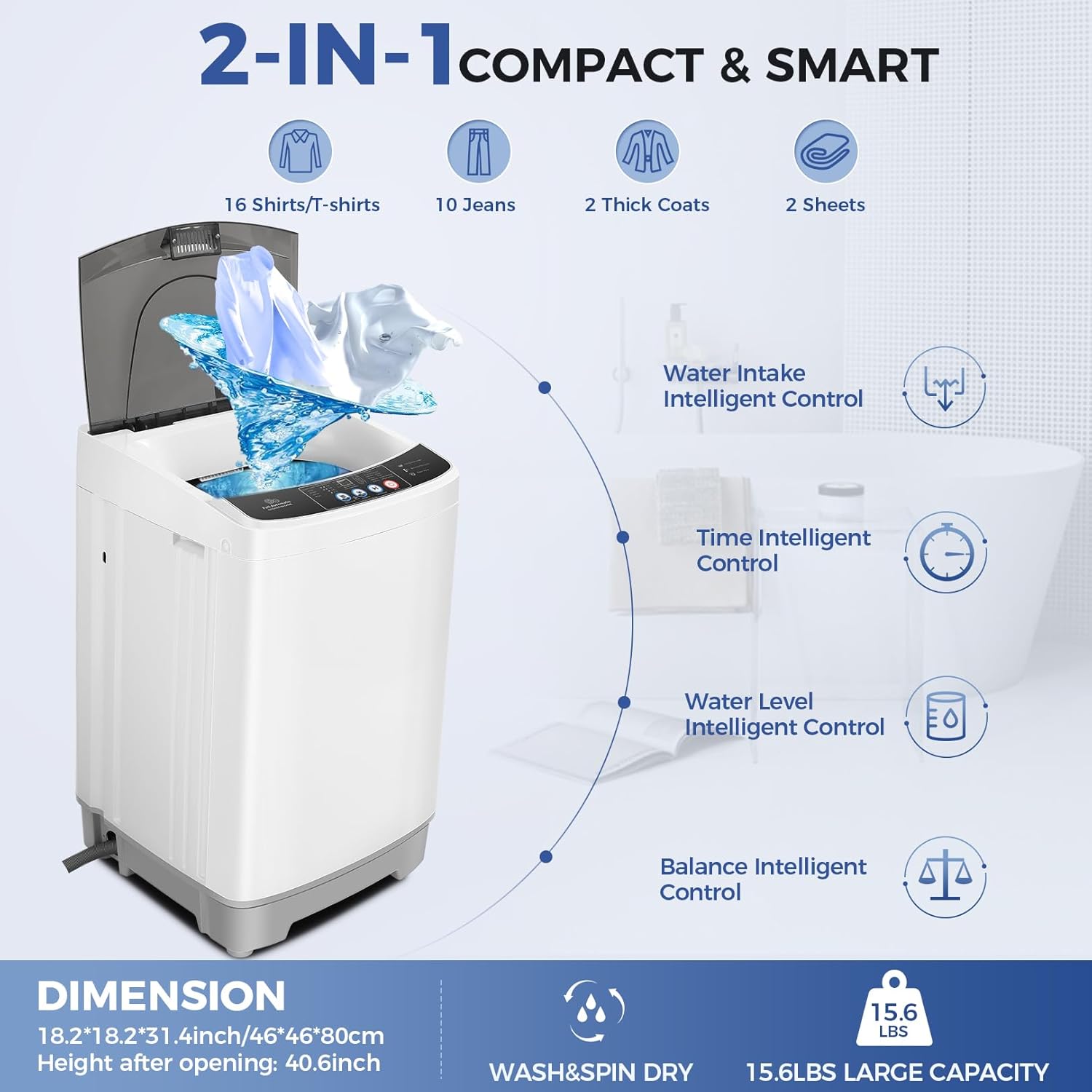 Nictemaw Lavadora portátil de 15.6 libras, gran capacidad, 2.1 pies cúbicos, con 10 programas y 8 niveles de agua, lavadora compacta para