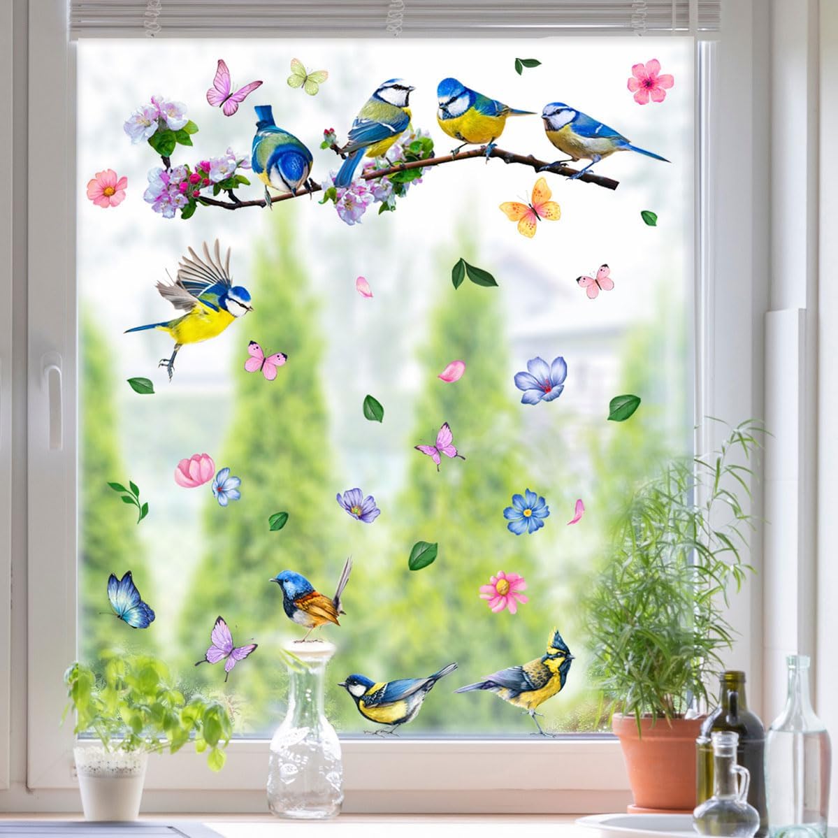 Calcomanías florales de doble cara para ventana de primavera y verano, calcomanías coloridas para ventanas de pájaros de vidrio, puertas