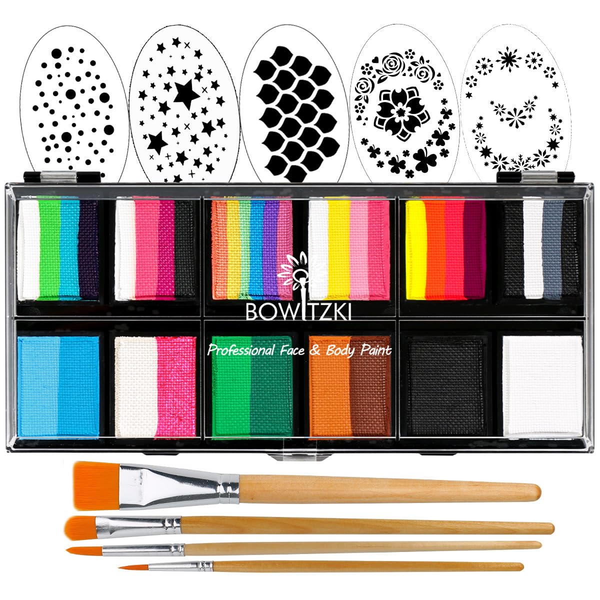 Bowitzki Pintura facial profesional de 12 x 0.35 oz, kit de pintura corporal para niños y adultos, plantilla de un solo trazo, pastel dividido, no