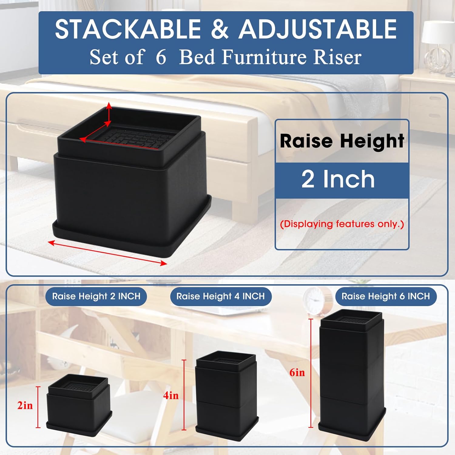 MYMULIKE Elevadores de cama de 2 pulgadas, juego de 6, elevadores ajustables para muebles de cama de 1, 2 o 3 pulgadas, elevadores de cama