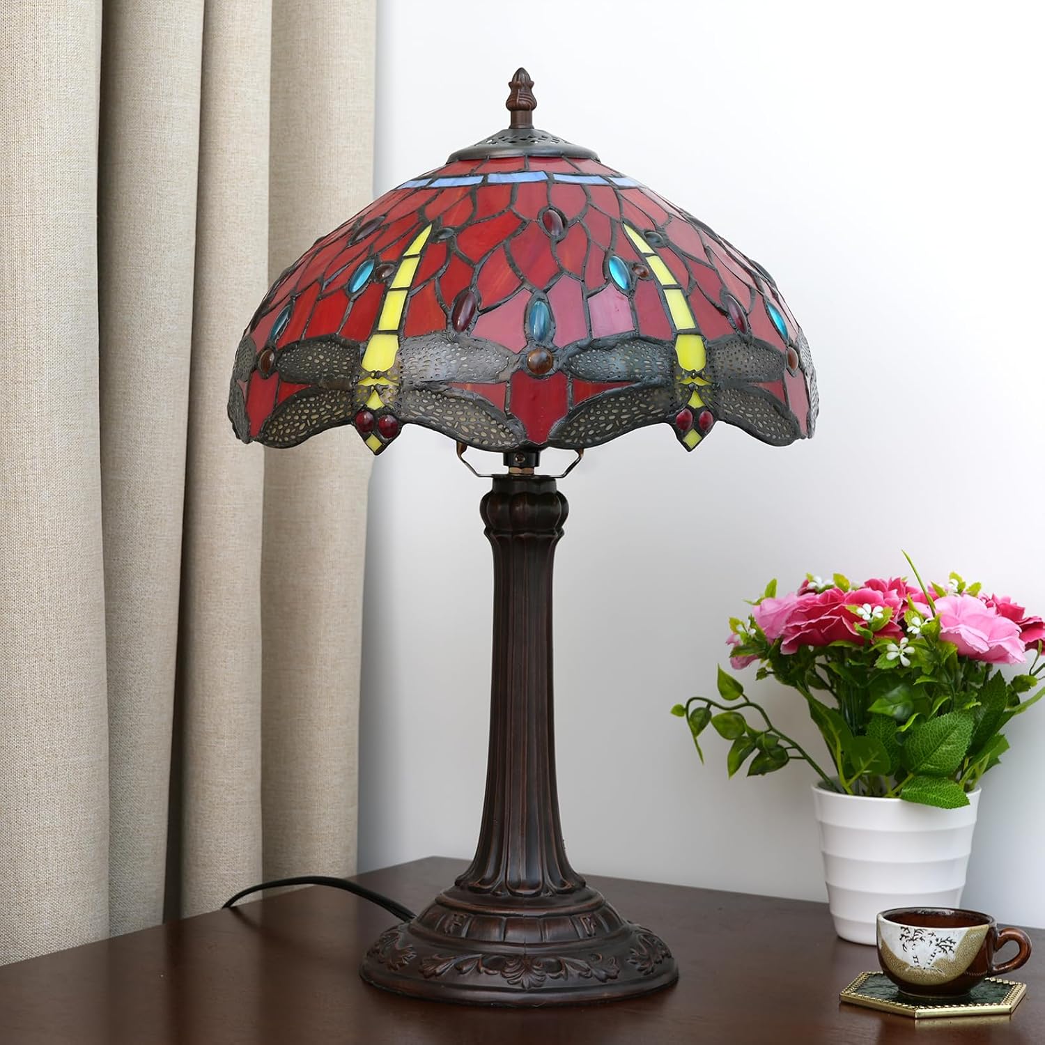 Tiffany Lámpara de mesa con libélula roja, 12 x 12 x 18 pulgadas, estilo libélula roja, luz de lectura, decoración al lado del dormitorio, sala de