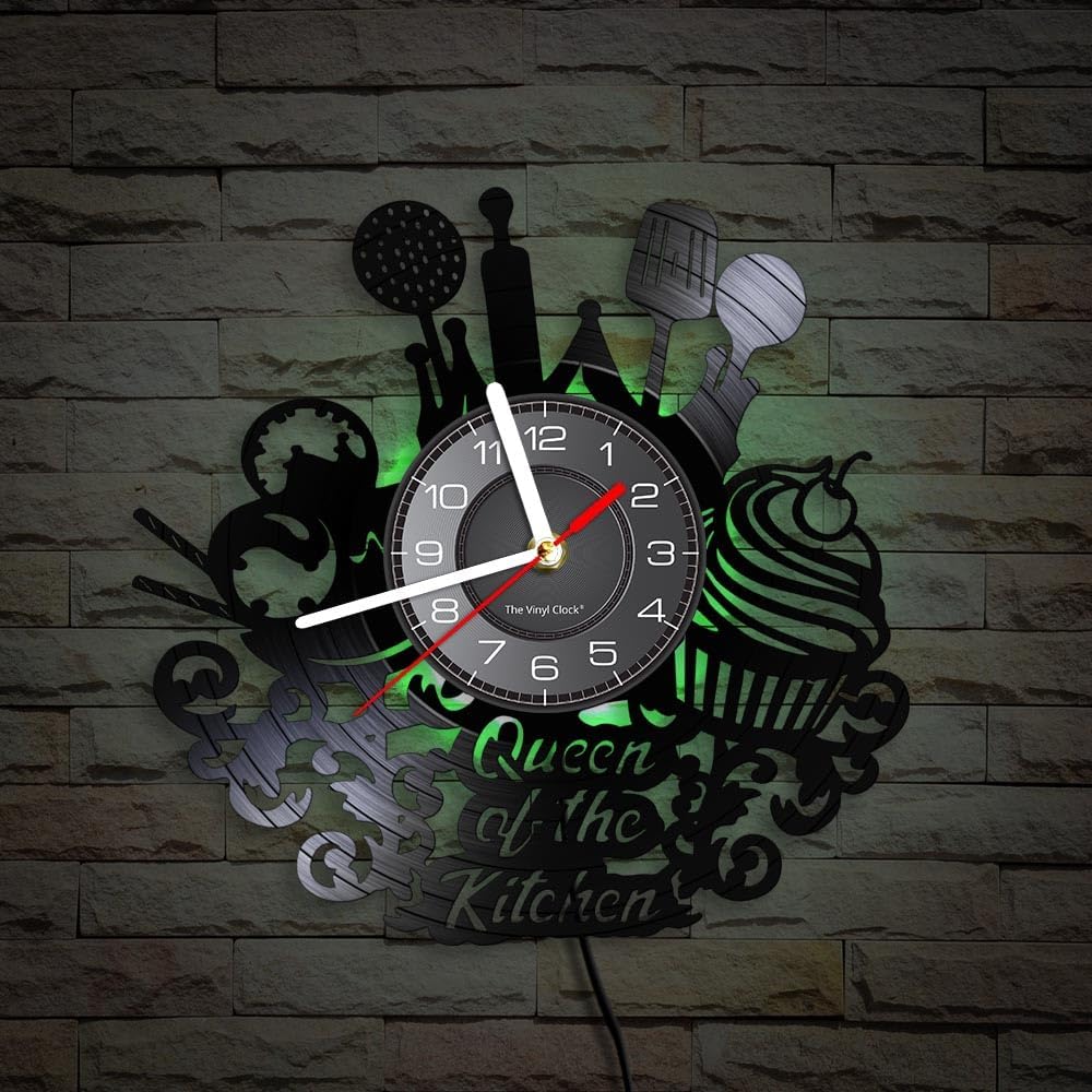 Reloj de pared de disco de vinilo de cocina de 12 pulgadas con 7 modos luminosos, moderno, decorativo, silencioso, de cuarzo, sin tictac, negro,
