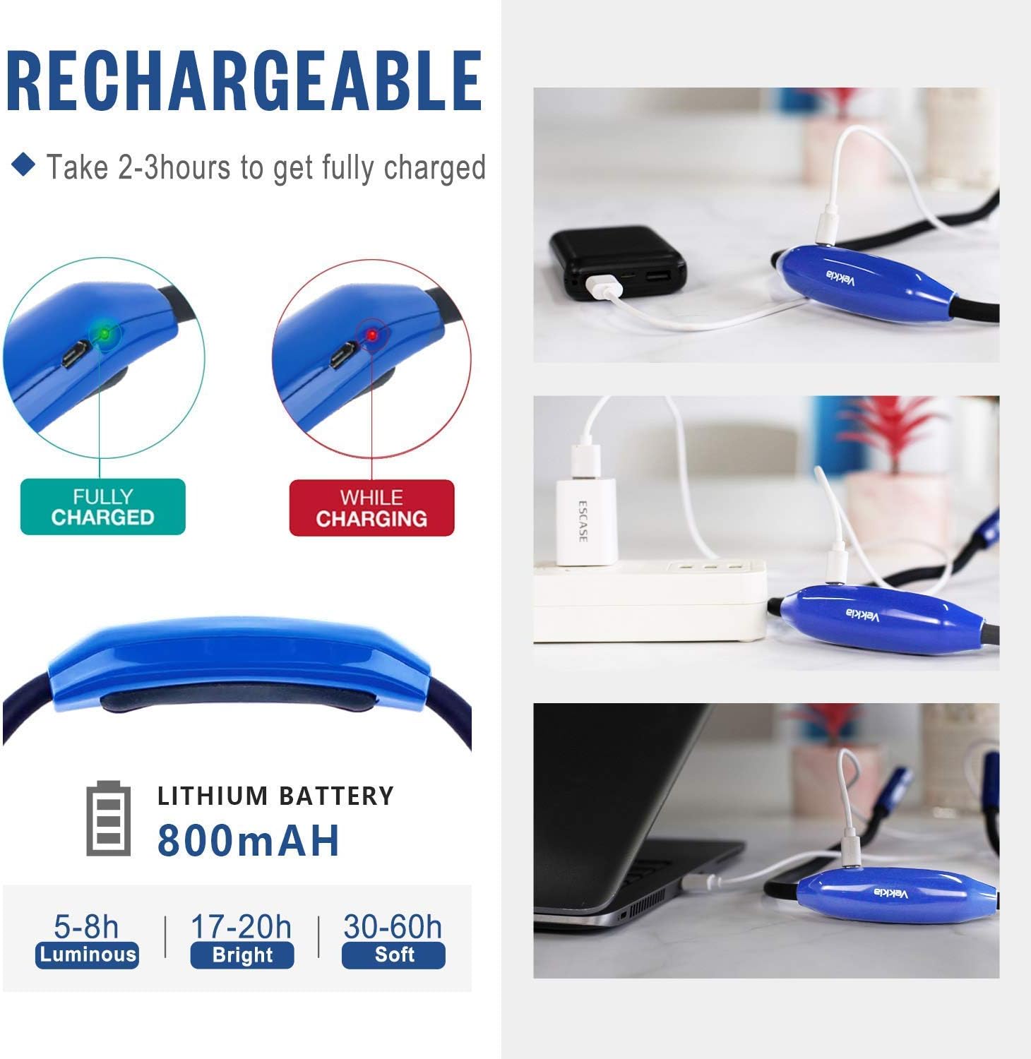 Vekkia Luz ligera de lectura para el cuello, luces de lectura para libros en la cama, luz de cuello para tejer, 3 colores, 9 brillo, recargable,