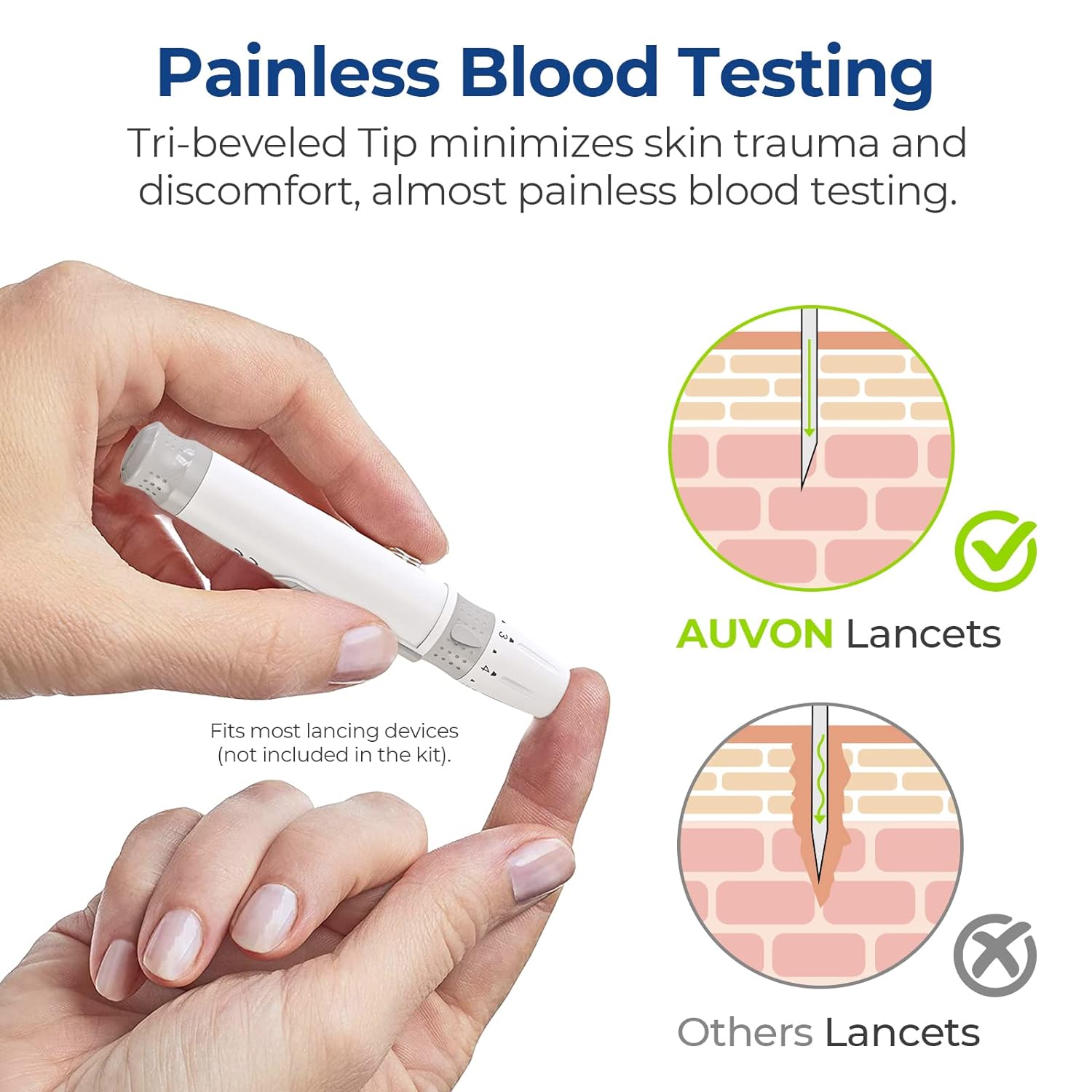 AUVON Lancetas para diabetes para pruebas de glucosa en sangre, multicolor 1.06 oz, 300 unidades de lancetas diabéticas para menos dolor, agujas