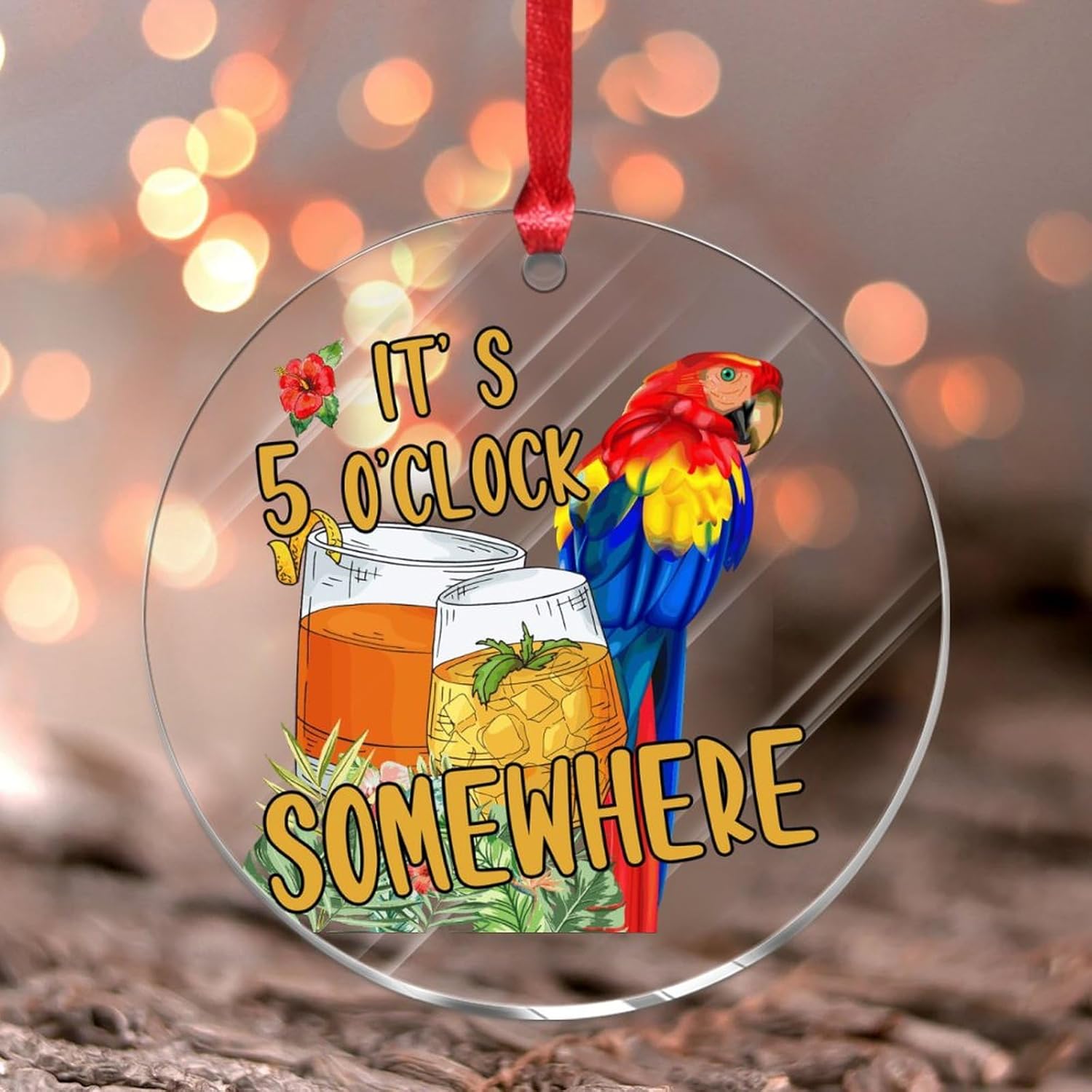 Adornos de Navidad 2023 It’s Five O’Clock Somewhere Adornos de Navidad acrílicos Tiki Bar Pool Jacuzzi Luau Colgante Loro Flores Flamenco Playa