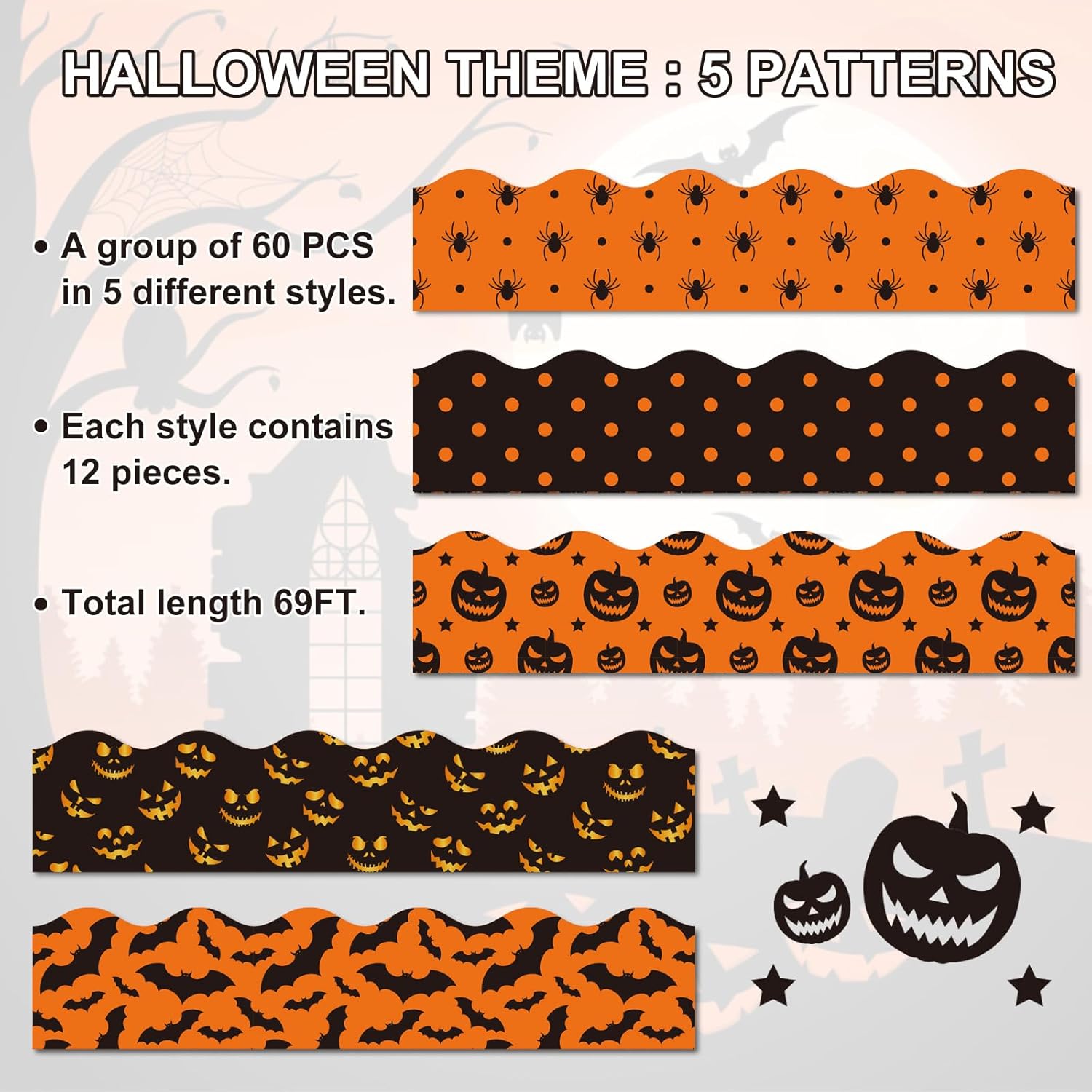 Whaline Tablero de anuncios de Halloween de 69 pies, diseño de araña, calabaza, murciélago, decoración de puntos, color naranja y negro, borde