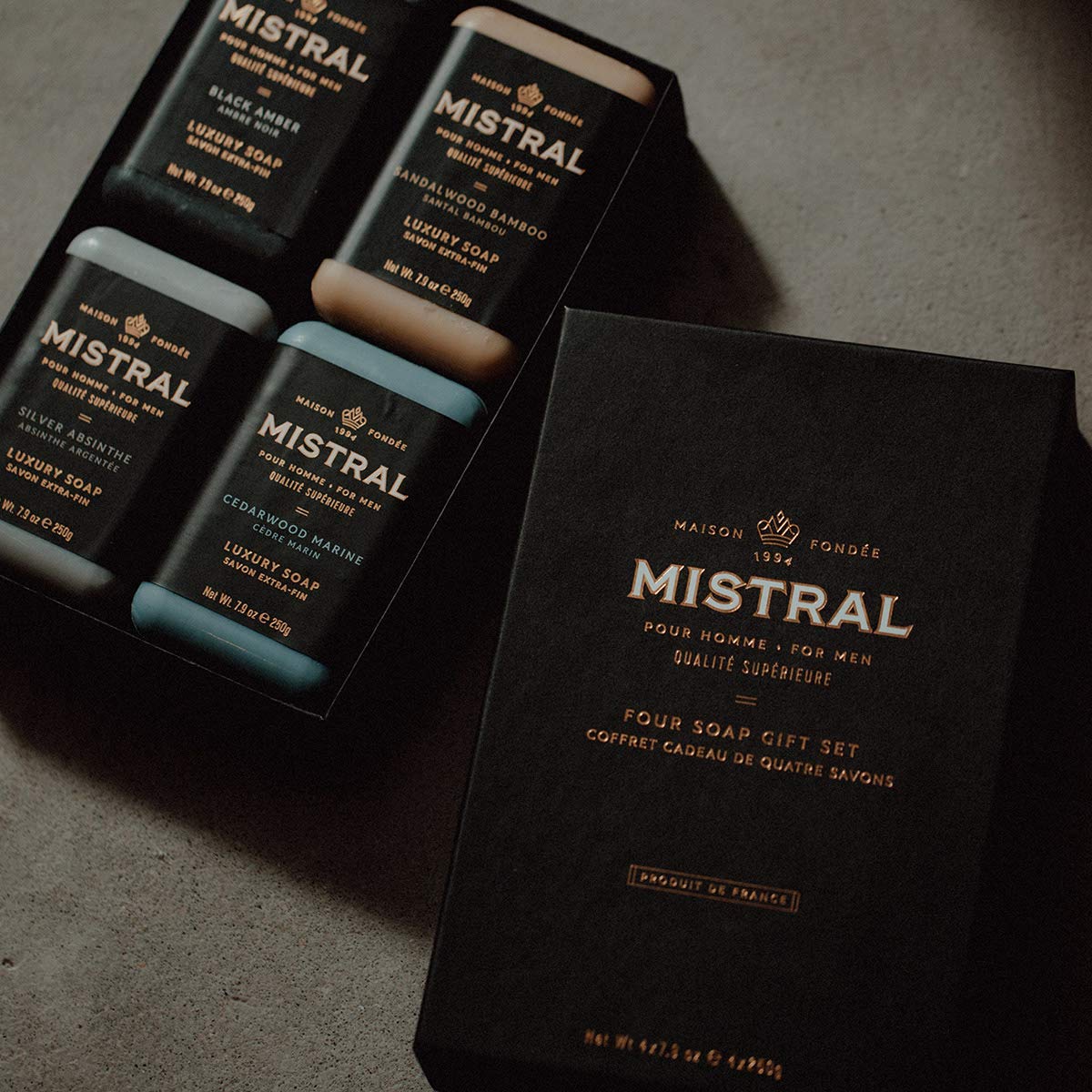 Mistral Jabón en barra orgánico para hombre, juego de 4 barras
