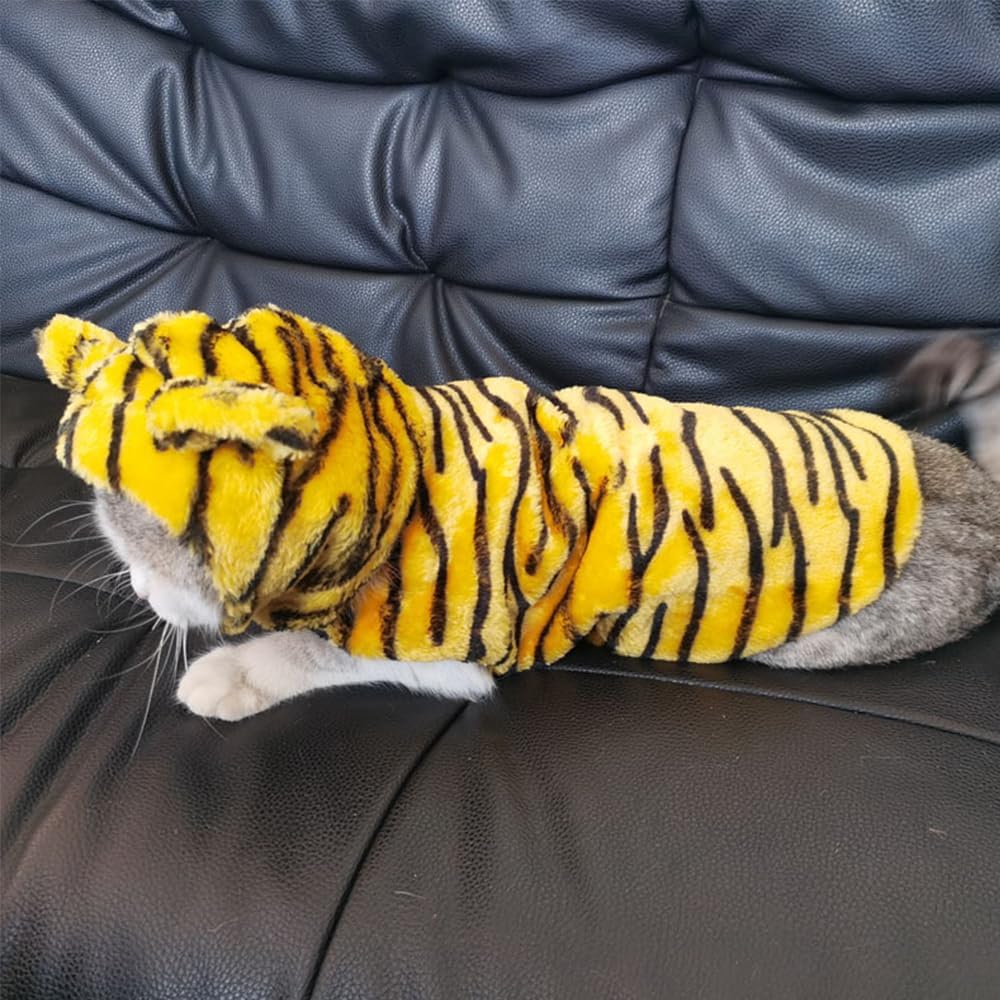 Disfraz de tigre para perro pequeño para Halloween y mascotas, ropa de cosplay de vellón cálido con capucha para perro, chaqueta de invierno y gato