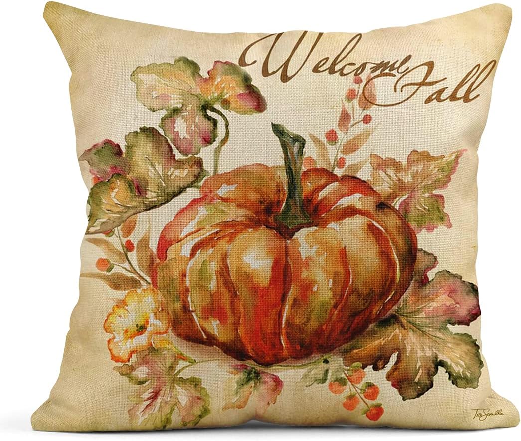 rouihot Juego de 4 fundas de almohada cuadradas de lino de 24 x 24 pulgadas, color naranja otoñal, calabaza, acuarela, decoración del hogar, fundas
