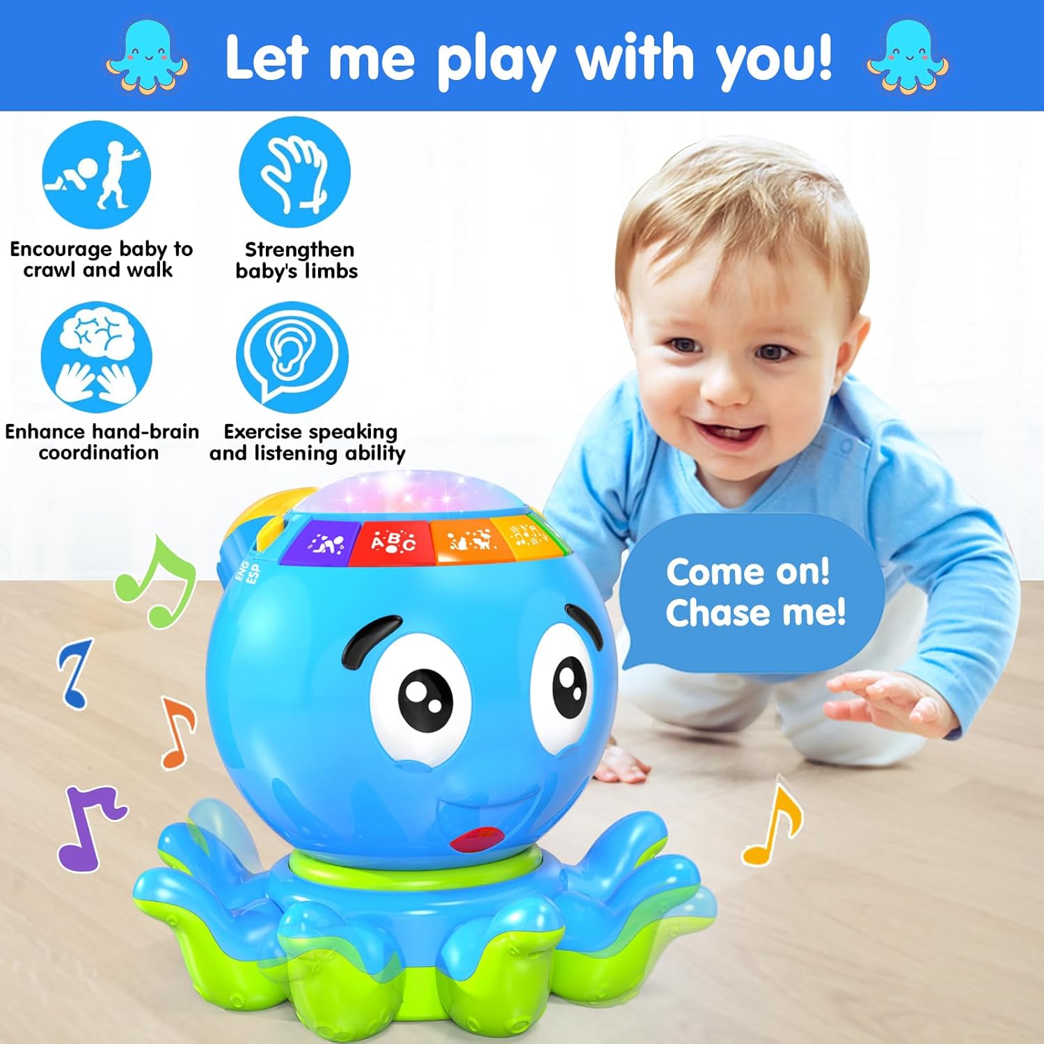Juguetes para bebés de 6 a 12 meses, juguete musical interactivo de pulpo, de 12 a 18 meses, tiempo boca abajo con luz y sonido, 7, 8, 9, 10, 11
