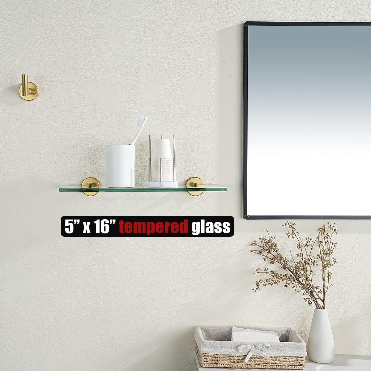 JQK Estante de vidrio para baño dorado, almacenamiento de ducha de vidrio templado de 16 x 5 pulgadas, soporte de pared dorado cepillado de acero