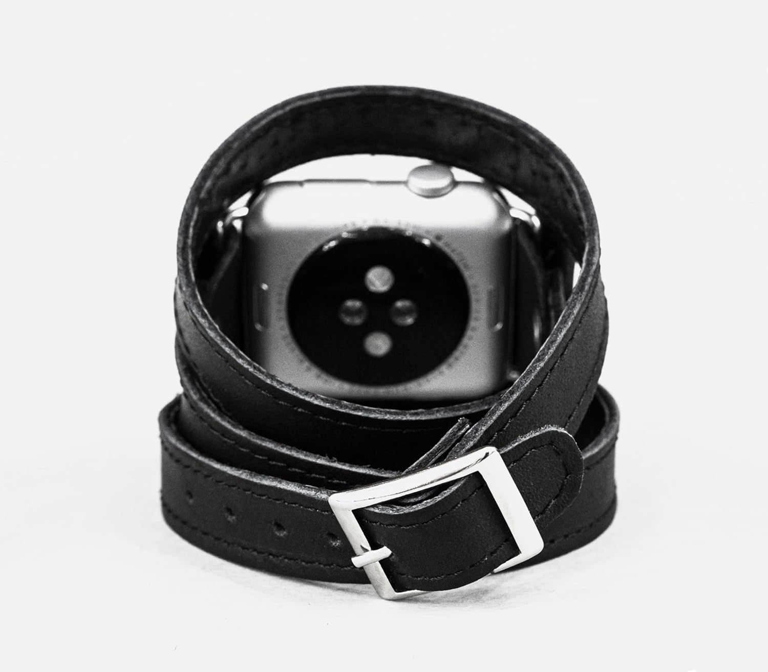 Leather double wrap band strap compatible with Apple watch 38mm 40mm 41mm 42mm 44mm 45mm 49mm, Handmade UA 1875st (black leather black thread