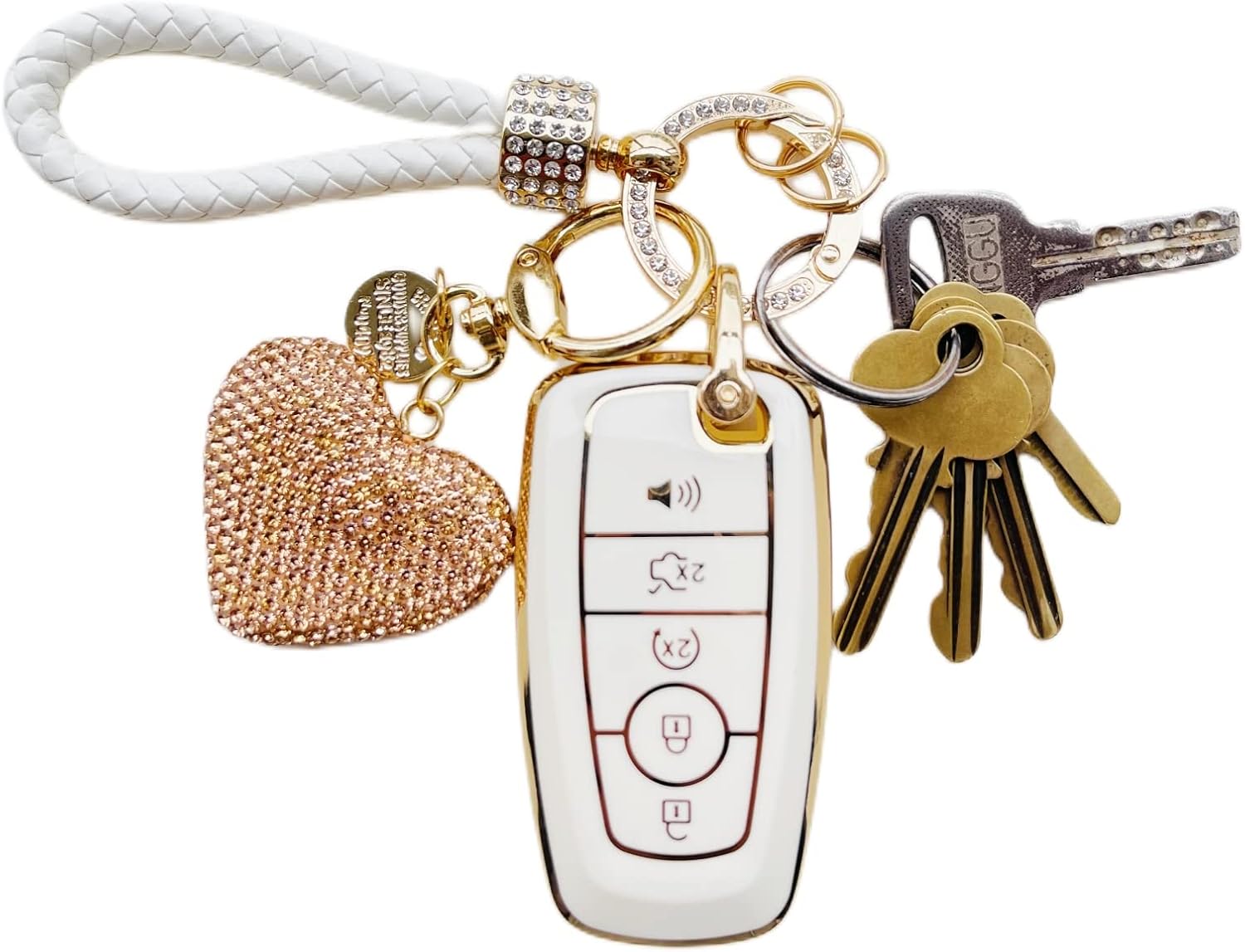 Funda para llavero, funda de TPU suave para llavero de coche con llaveros, BlancoDorado