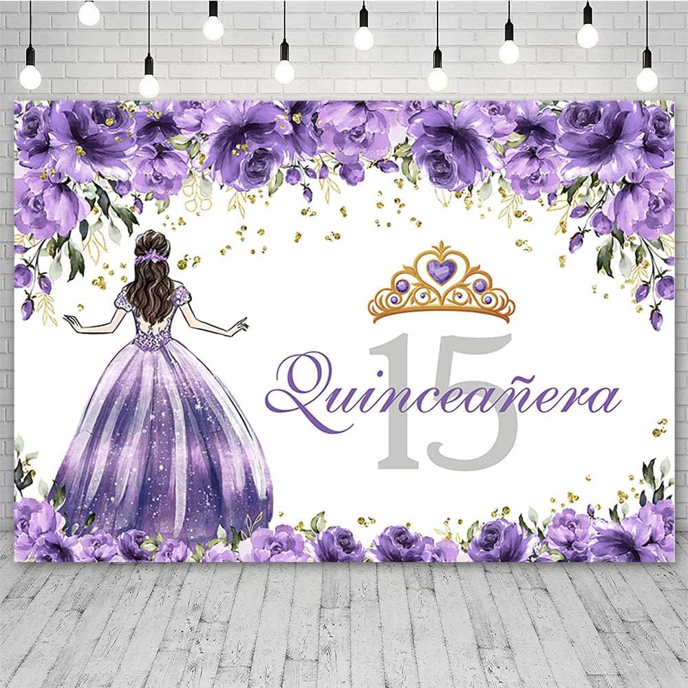 Seefeful SENDY – Telón de fondo de quinceañera de 15 cumpleaños para niñas, vestido morado, corona de princesa, fondo de fotografía, flores moradas,
